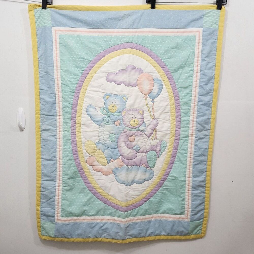 Vintage Bedtime Originals Teddy Bear Balloons Pastel Baby Crib Quilt Blanket